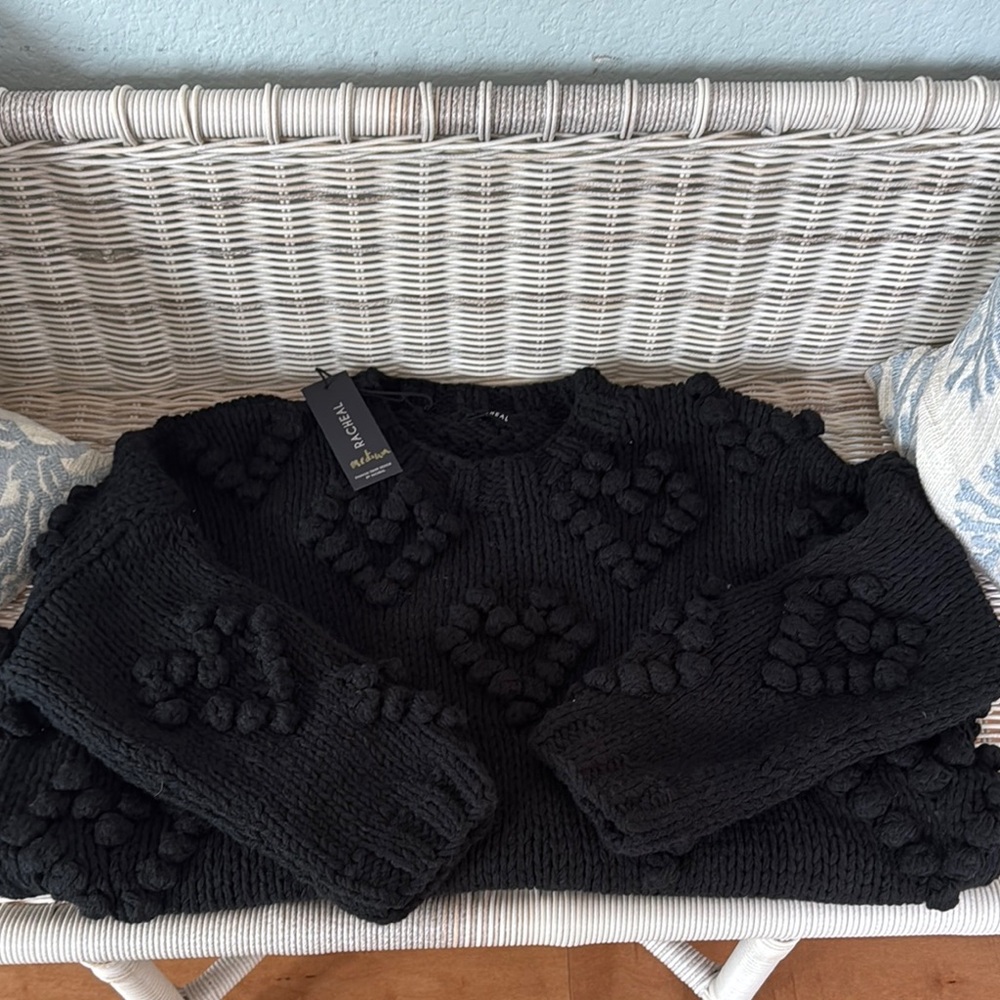 Rachel Black Crew Neck Sweater Textured Heart Knit